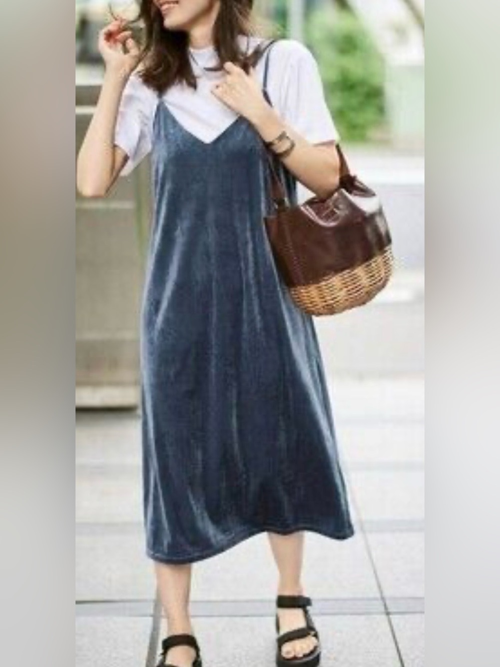 Uniqlo Velvet Slip Midi Dress in Slate Blue